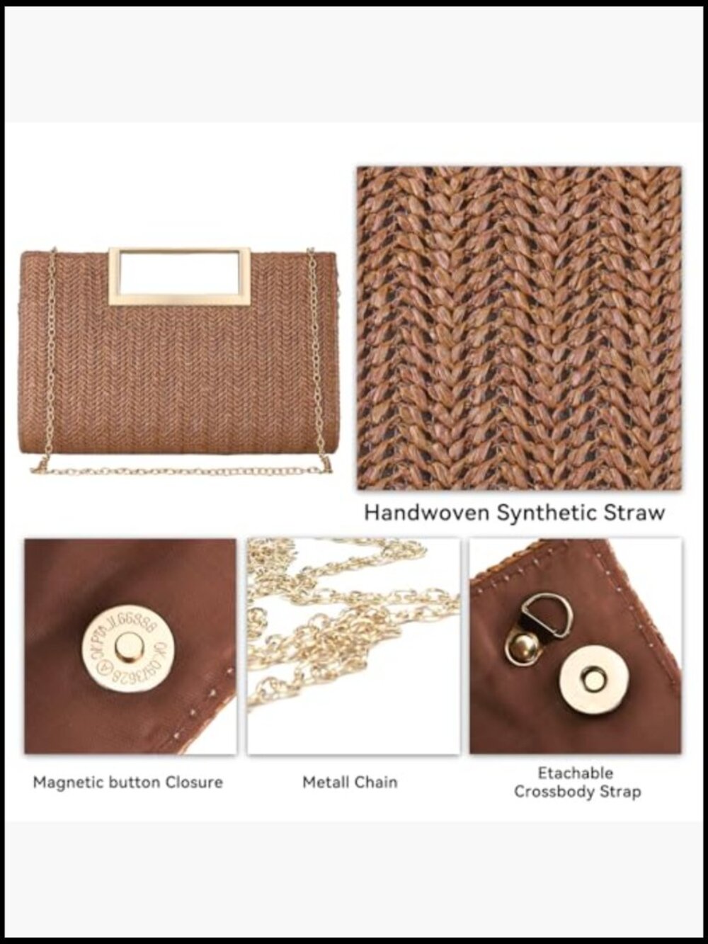 Straw Clutch Purses Summer Woven Top Handle Crossbody Beach Bag Wicker Handbag - Picture 5 of 7